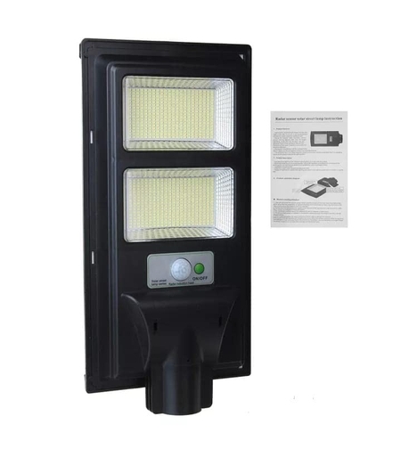 Lampa solara stradala Flippy, senzor de miscare si lumina, 96 LED-uri, IP65, ABS, 5AH, 100W, temperatura culoare 6500K, 37.8x18.8x5 cm, autonomie 10-12 ore, negru
