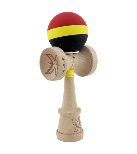 Kendama X Originala, Profesionala, Flippy, Cupe Mari KING SIZE V3, Rubber Grip, Gaura in Baza, Rulment Metalic, din lemn 18 cm, Ata 62/65 cm, M Rosu/Galben/Negru