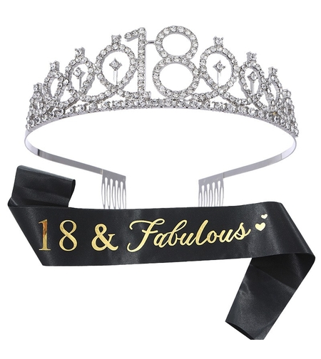 Set 2 Piese pentru Majorat, Flippy, 15 x 13 x 5 cm, Coronita Printesa Silver si Panglica 18&Fabulous, Negru