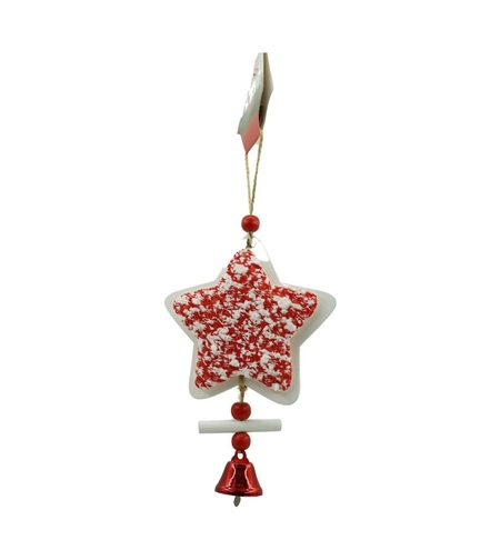 Ornament de brad stea din tweed, Flippy, alb/rosu, lemn, 18 cm