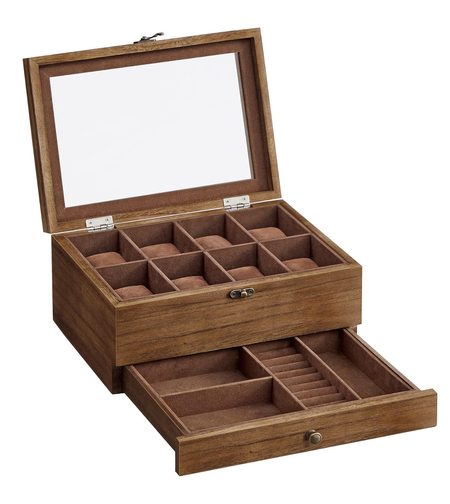 SONGMICS Cutie de ceasuri din lemn masiv, 8 compartimente si sertar bijuterii, 19x27x13cm, nuc rustic
