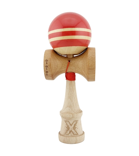 Kendama X Rainbow Originala, Profesionala, Flippy, Big Cups V2, Super Sticky cu Cupe Mari, Rulment Metalic, din lemn 18 cm, Ata 55 cm, Rosu/Maro