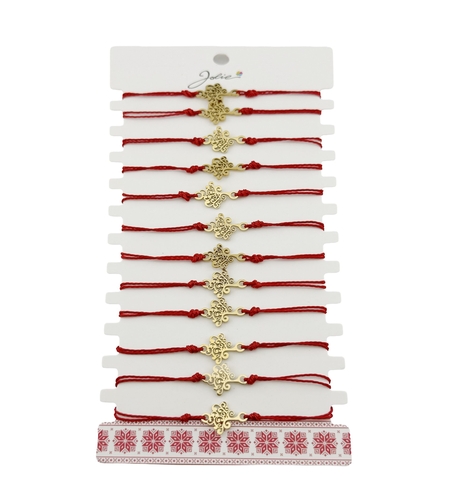 Bratara Martisor pentru Dama, Jolie, Model Copac, Set 12 bucati, Pandativ din Inox Auriu, Snur Ajustabil Impletit, Rosu