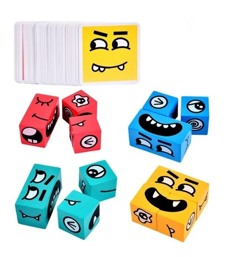 Jucarie pentru copii montessori Flippy, cub din lemn, asamblare fete, 64 de carti distractive, pentru baieti si fete, varsta +3 ani, educativ, multicolor