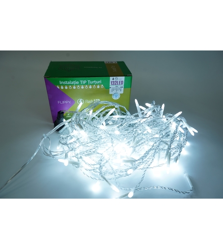 Instalatie de Craciun Flippy® Tip Turturi, Franjuri cu Flash, Sectiune 4 m, 132 LED-uri, Interconectabila, Fir Transparent, Alb Rece
