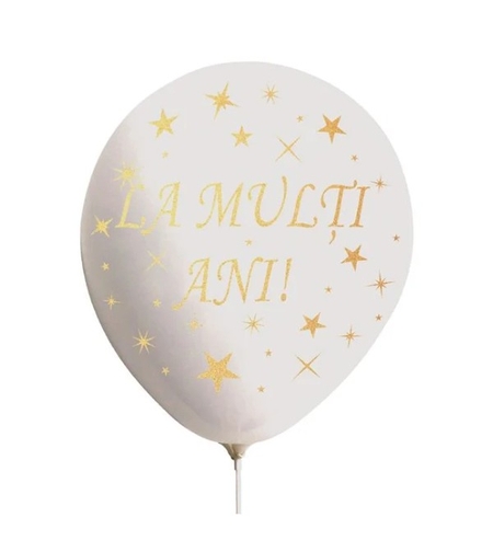 Set 10 Baloane din Latex, Flippy, Model Party, La Multi Ani, 23 cm, 2.2 g, Alb