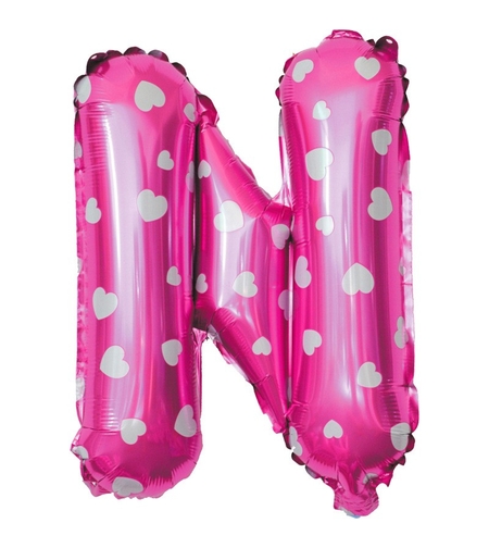Balon Folie Metalizata Litera N, Flippy, 40 cm, Cu Imprimeu Inimioare, Umflati cu Heliu sau Aer, Ambalaj Individual, Pai inclus, Roz