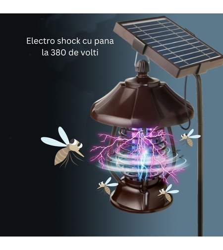 Lampa solara pentru gradina, anti-insecte, tantari, muste, UV, LED, material ABS, putere 5W, 1.2 V, autonomie 8 ore, 2 moduri de functionare, IP65, electric shock 380 volti, 30 x 19.5 cm, maro