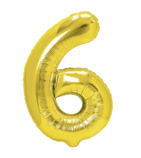 Balon din Folie Metalizata Flippy, Figurina Cifra, Tema Aniversare 40 cm, Ambalaj Individual, Pai inclus, Umflare cu Aer sau Heliu, Auriu, Cifra 6