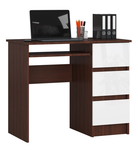 Birou computer cu 3 sertare si raft pentru tastatura, dreapta, 90x50x77 cm, maro wenge si alb