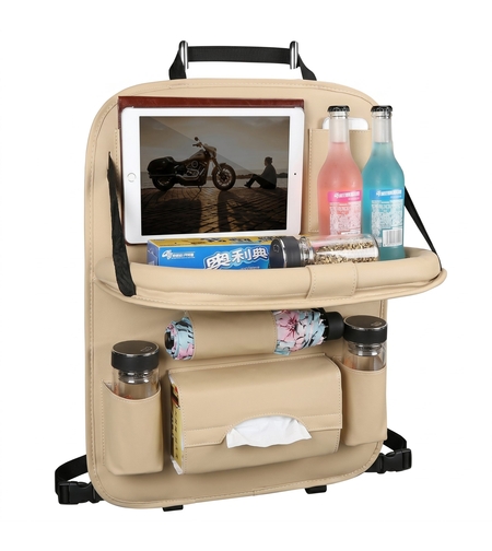 Organizator Spate Scaun Auto, Flippy, Masa Pliabila, Piele Ecologica, Impermeabil, Suport pentru Tableta, Sortare Lucruri si Protejare Tapiterie, 40 x 63cm, Bej
