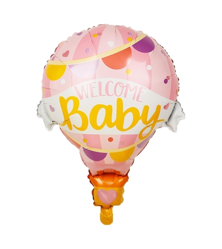 Balon din Folie Metalizata, Vafy, Mini Figurine, Model Balon cu Aer Cald Fetita, Tematica Welcome Baby, 80x62 cm, Ambalaj Individual, Pai Inclus, Umflare cu Aer sau Heliu, Roz