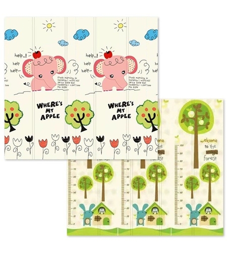Covoras pentru Copii, Flippy, cu 2 Fete, Model Elefantei/Padure, din XPE+PE, Impermeabil, Antiderapant, Protectie Termica, +3 Luni, Pliabil, 180 x 200 x 1.5 cm, Multicolor