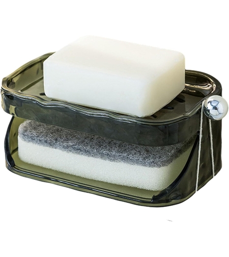 Savoniera Dubla, Flippy, 2 Straturi, Instalare fara Perforare, Agatatoare Burete, 13.5 x 8.5 x 6 cm, Verde Inchis