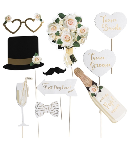 Set 10 Accesorii pentru Petrecere, Flippy, Props pentru Coltul de Poze, Model Mire si Mireasa, Tematica Nunta, Multicolor
