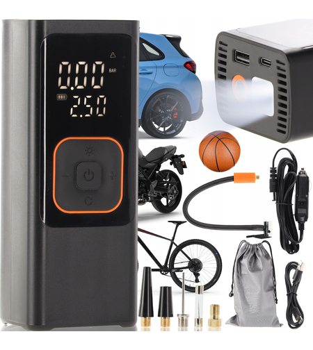 Compresor anvelope portabil auto 12V, acumulator 7500 mAh, 150 PSI cu manometru, lanterna LED si functie powerbank, reincarcare USB