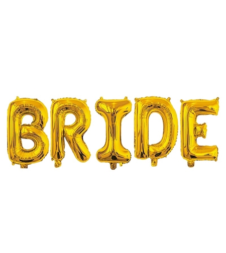 Set Baloane din Folie Metalizata, Flippy, Model Scris Bride, Litere de 100 cm, Tema Iubire, Baloane Party, Ambalaj Individual, Pai Inclus, Umflare cu Aer sau Heliu, Auriu