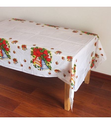 Fata de masa dreptunghiulara Flippy, PVC, 2.5 mm grosime, imprimeu clopotei, potrivit pentru Craciun, utilizare multipla, 180 x 108 cm, alb