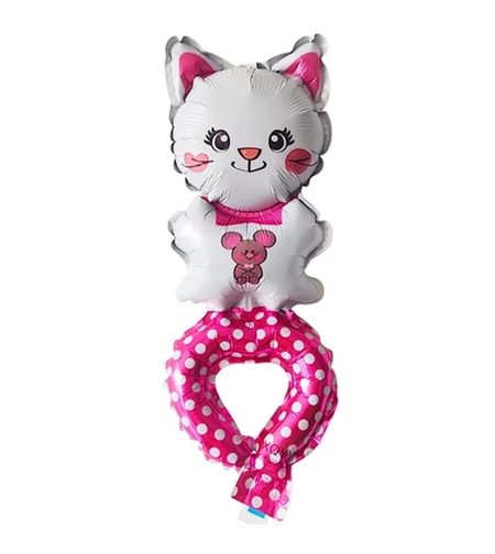 Balon din Folie Metalizata, Vafy, Figurine Animalute, Tip Bratara, Model Pisica, Ambalaj Individual, Pai Inclus, Umflare cu Aer sau Heliu, Alb