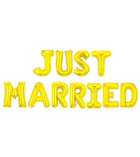 Set Baloane din Folie Metalizata, Flippy, Model Just Married, Litere de 40 cm, Baloane Party, Ambalaj Individual, Pai, Ata si Adeziv Incluse, Umflare cu Aer sau Heliu, Auriu