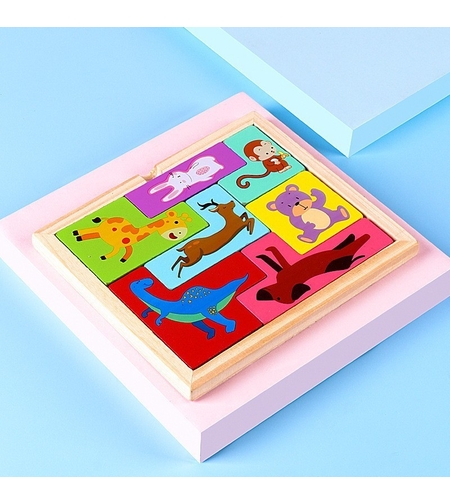 Puzzle din Lemn Flippy, Tip Tetris, +4 Ani, cu Animale Colorate 3D, 7 Piese, Multicolor