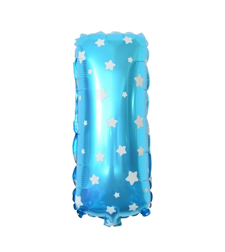 Balon Folie Metalizata Litera I, Flippy, 40 cm, Cu Imprimeu Stelute, Umflati cu Heliu sau Aer, Ambalaj Individual, Pai inclus, Albastru