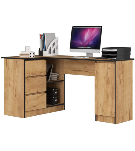 Birou colt stanga in L cu 3 sertare si rafturi, PAL laminat 16 mm, 155x85x77 cm, stejar craft
