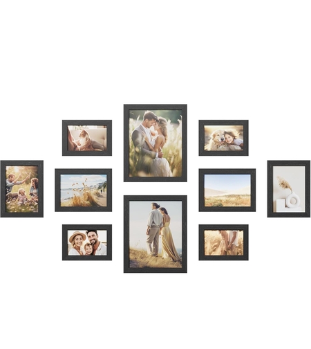SONGMICS set rame foto 10 buc, 28x24 / 21x16 / 18x13 cm, negru, montaj perete sau birou, MDF si plastic