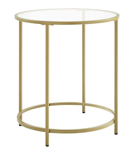 VASAGLE Masa rotunda, din sticla securizata cu cadru de otel, noptiera, 50x50x55cm, auriu