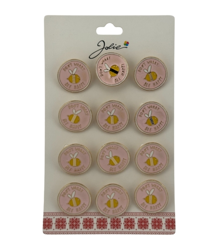 Set 12 Brose Martisor pentru Copii, Jolie, Model Albinuta, cu Mesaj Don`t Worry Bee Happy, Roz Galben
