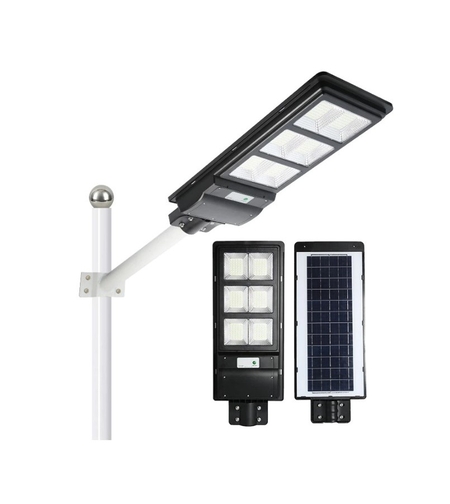 Lampa solara stradala Flippy, cu telecomanda, senzor de miscare si lumina, suport prindere, 135 LED-uri, IP65, ABS, 8AH, 100W, temperatura culoare 6500K, 48.5x22x6.8 cm, autonomie 10-12 ore, negru