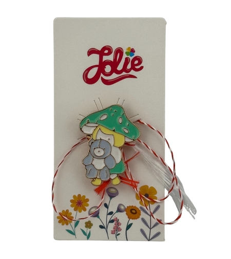 Martisor pentru copii, Jolie, Material Metal, Ambalaj Carton cu Design, Dimensiune Brosa Aproximativ 2x2 cm, Multicolor, Model Ciuperca si Ursulet