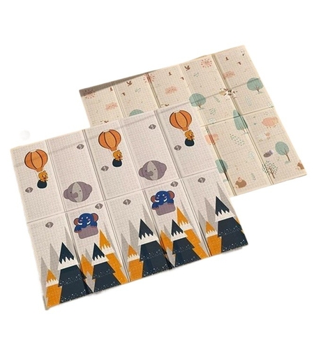 Covoras pentru Copii, Flippy, cu 2 Fete, Model Padure/Elefanti, din XPE+PE, Impermeabil, Antiderapant, Protectie Termica, +3 Luni, Pliabil, 180 x 200 x 1.5 cm, Multicolor