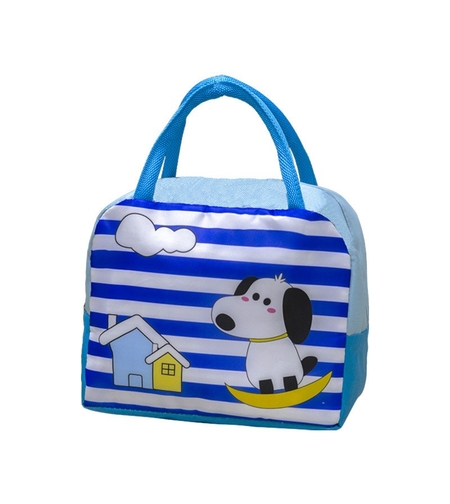 Geanta Termoizolanta pentru Copii, Flippy, 23x13x19 cm, Model Imprimeu Catel, din Folie de Aluminiu si Panza Oxford, Albastru/Alb