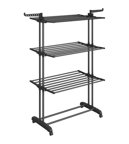 SONGMICS Uscator rufe pliabil cu roti, cu 4 niveluri, din inox si plastic, 2 umerase, 128x64x173 cm, negru