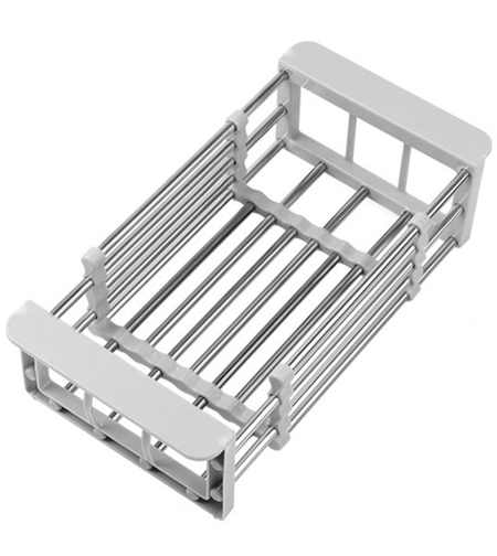 Suport Scurgere Extensibil pentru Bucatarie, Flippy, Uscator Vase din Otel Inoxidabil, Suport Tacamuri si Pahare, Suport pentru Fructe si Legume, 24.5 x 16.5 x 9.5 cm Gri deschis