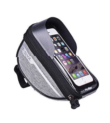 Borseta bicicleta impermeabila cu husa pentru telefon Flippy, montare pe ghidon, compatibila cu telefoane de pana la 16 cm, spatiu depozitare, 18.5x9.5 cm, gri