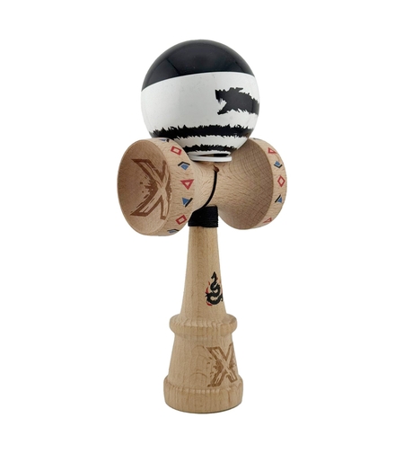 Kendama X Originala, Profesionala, Flippy, BLACK DRAGON, Super Sticky cu Cupe Mari KING SIZE V3, Gaura in Baza, Rulment Metalic, din lemn 18 cm, Ata 62/65 cm, Alb/Negru