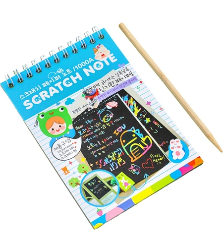 Caiet cu fise razuibile Flippy, DIY Magic Scratch, 12 File, Curcubeu, Creion din Lemn, Cartonase negre, 14.2 x 9.8 cm, Baby Blue