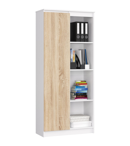 Dulap cu usa si 8 etajere, PAL laminat 16 mm, 80x35x180 cm, alb si stejar sonoma
