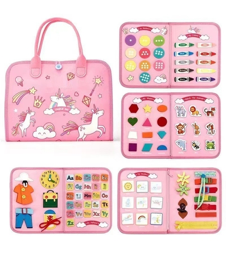 Carte Senzoriala Educativa Montessori, Flippy, Dezvoltare Abilitati Motorii, 5 Pagini, Model Unicorni, 28x22x7 cm, Roz