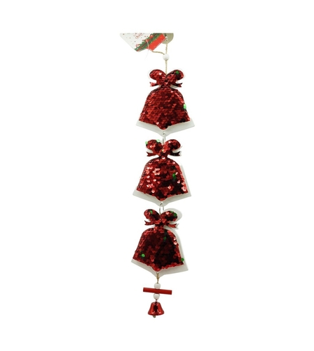 Ornament de brad trei clopotei cu paiete, Flippy, rosu, lemn, 36 cm