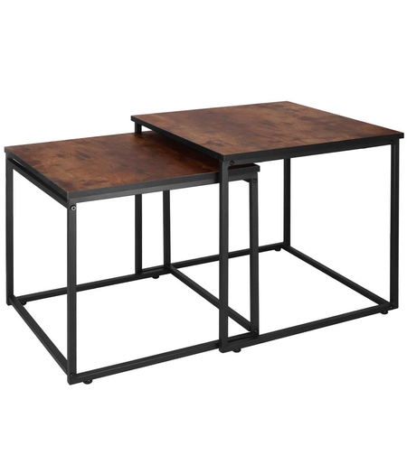 Set 2 mese pentru cafea, cadru otel, stil industrial, 50x50x52 cm si 45x45x47 cm, maro