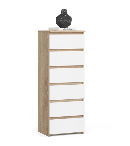 Comoda cu 6 sertare, PAL laminat 16 mm, 40x35x109 cm, stejar sonoma si alb
