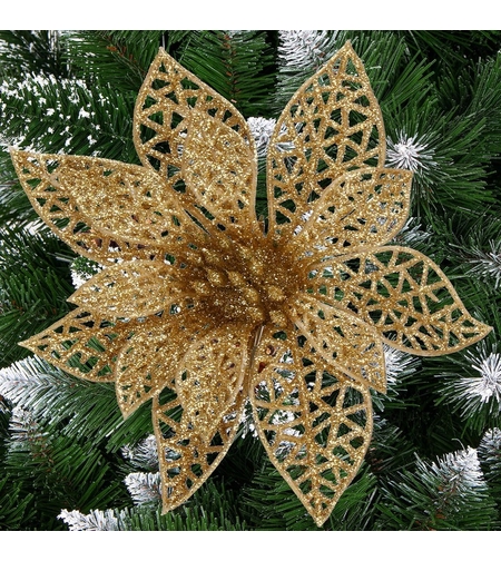 Set 10 ornamente pentru bradul de Craciun, stea Poinsettia, 14cm, auriu