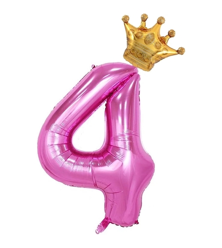 Balon din Folie Metalizata Flippy, Figurina Cifra si Coroana, Tema Aniversare 100 cm, Ambalaj Individual, Pai inclus, Umflare cu Aer sau Heliu, Roz, Cifra 4