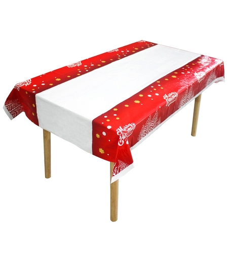 Fata de masa dreptunghiulara Flippy, PVC, 2.5 mm grosime, imprimeu Merry Christmas, potrivit pentru Craciun, utilizare multipla, 180 x 108 cm, alb