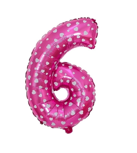 Balon din Folie Metalizata Flippy, Figurina Cifra, Imprimeu Inimi, Tema Aniversare 80 cm, Ambalaj Individual, Pai inclus, Umflare cu Aer sau Heliu, Roz, Cifra 6