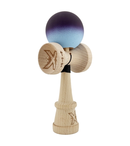 Kendama X Originala, Profesionala, Flippy, Cupe Mari KING SIZE V3, Rubber Grip, Gaura in Baza, Rulment Metalic, din lemn 18 cm, Ata 62/65 cm, Gradient Negru/Albastru deschis