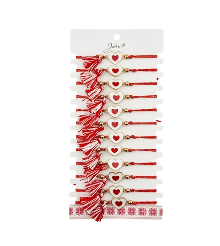 Martisor Bratara cu Ciucure pentru Dama, Jolie, Model Inimi, Set 12 bucati, Pandativ din Inox, Snur Reglabil, Rosu/Alb